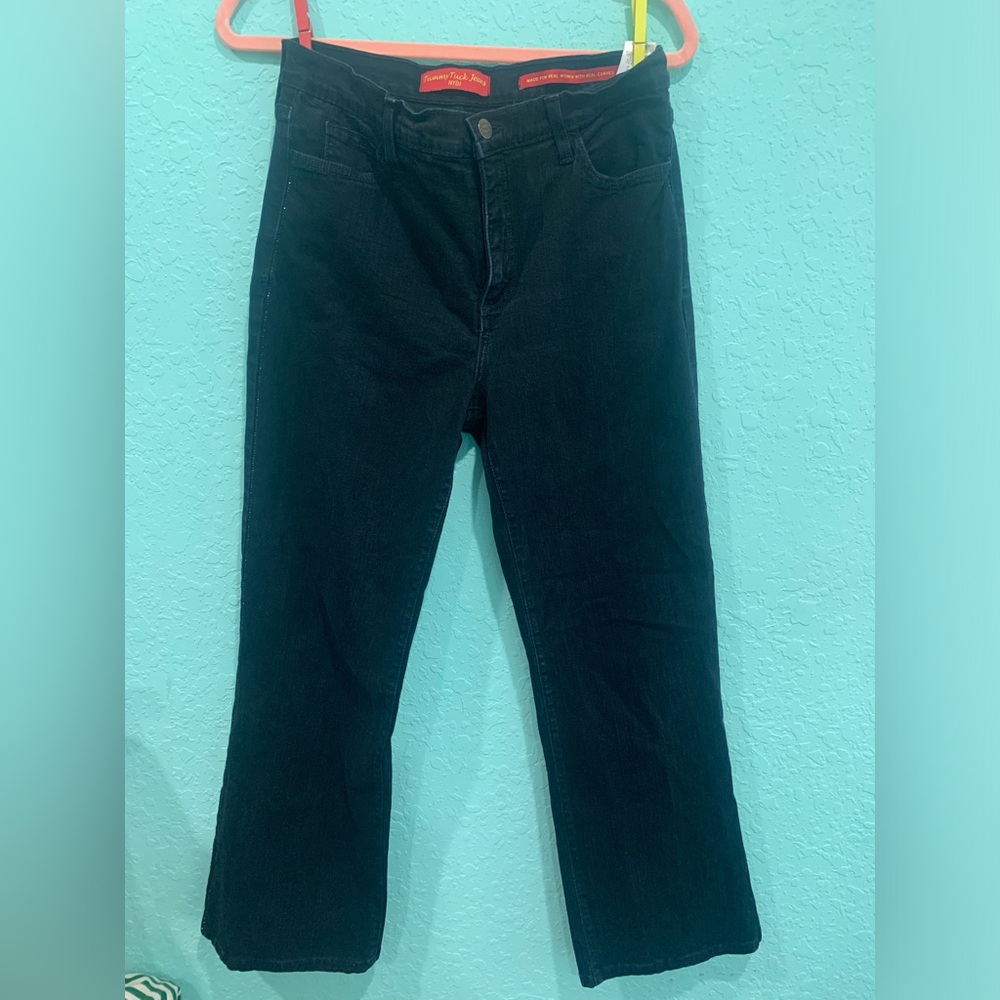 NYDJ Women's Straight Leg Black Jeans Tummy Tuck 8 sparkle trim slimming control
